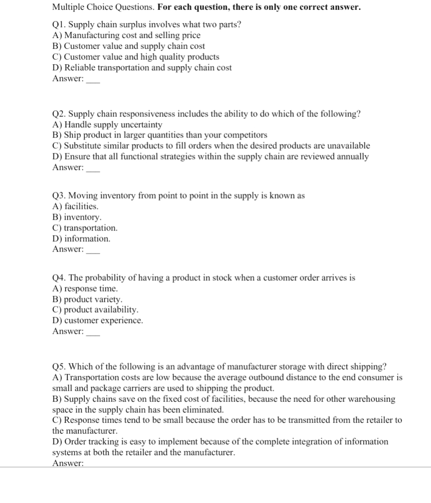 Solved Multiple Choice Questions. For each question, there | Chegg.com