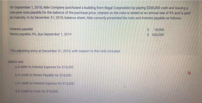 Solved On September 1, 2018, Able Company purchased a | Chegg.com