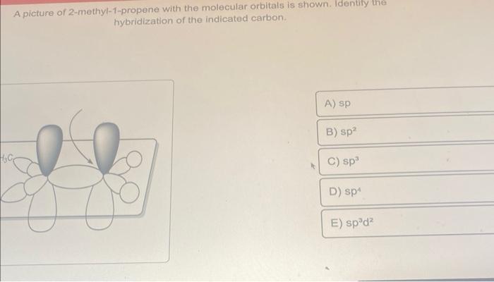 A picture of 2-methyl-1-propene with the molecular orbitals is shown. Identify the hybridization of the indicated carbon.