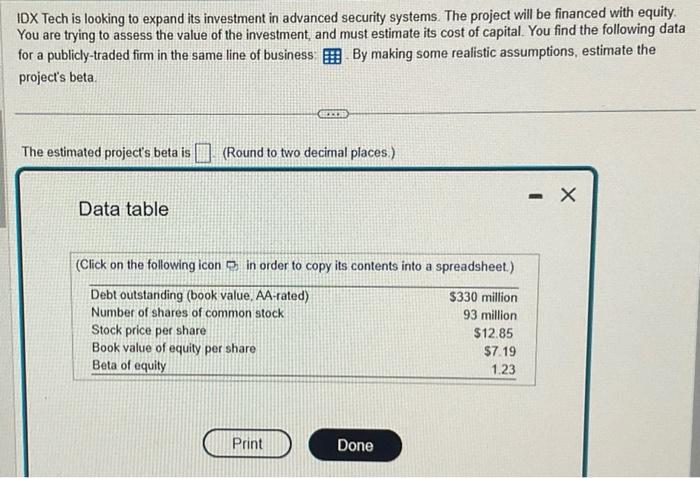 Solved IDX Tech is looking to expand its investment in | Chegg.com