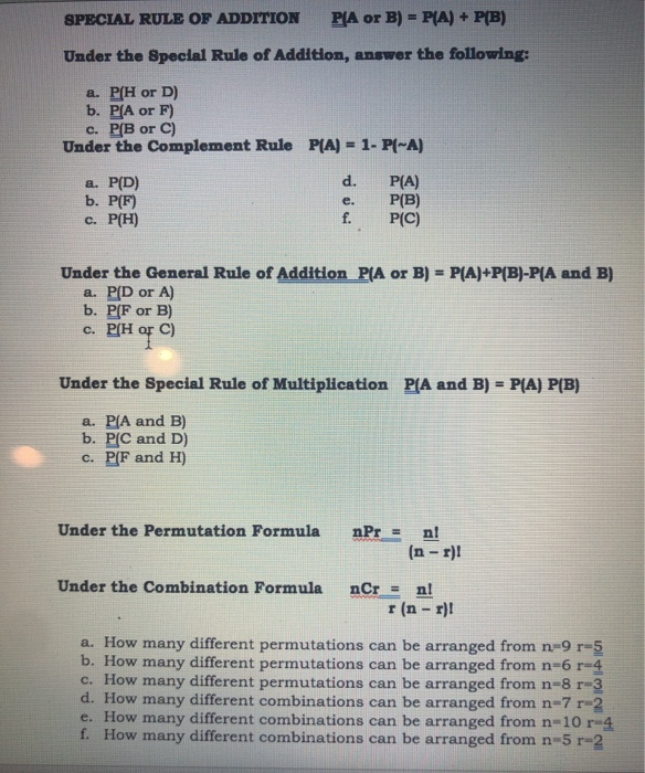Solved Special Rule Of Addition Pa Or B P A P B Un Chegg Com