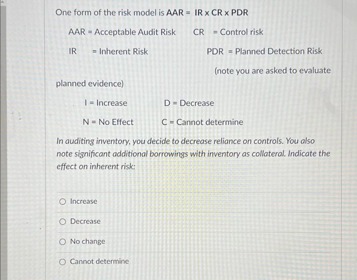 Solved One form of the risk model is AAR = IR x CRX PDR AAR | Chegg.com