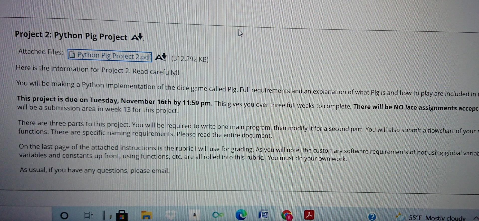 Project 2: Python Pig Project A IN Attached Files: | Chegg.com