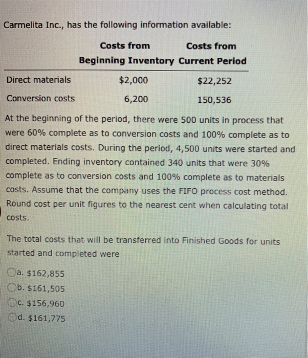 Solved Carmelita Inc., Has The Following Information | Chegg.com