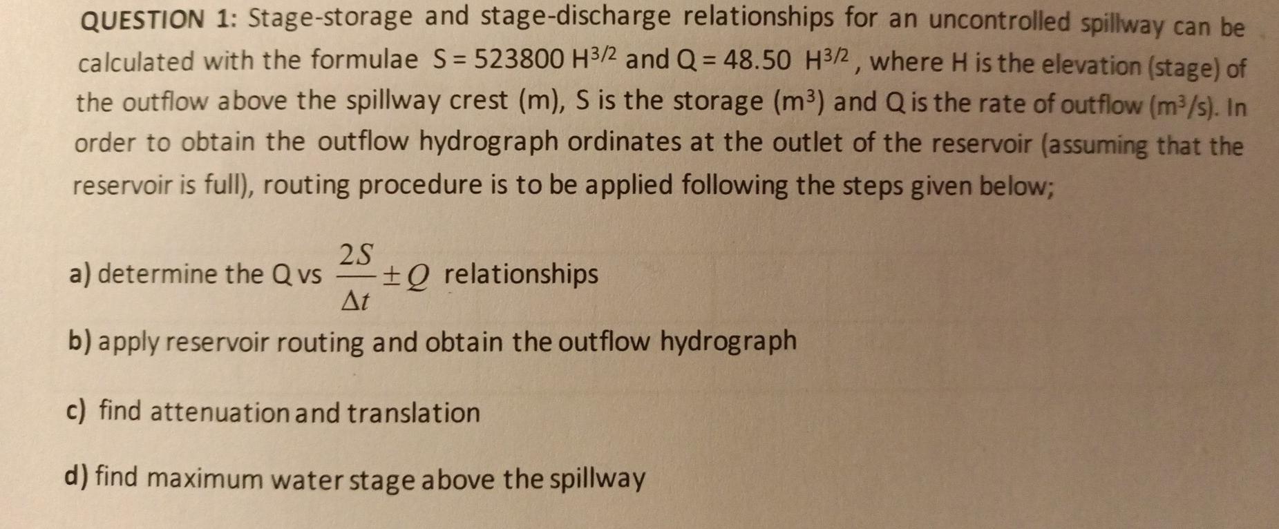 QUESTION 1: Stage-storage and stage-discharge | Chegg.com