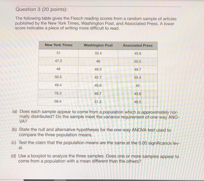 Solved Question 3 (20 points): The following table gives the | Chegg.com
