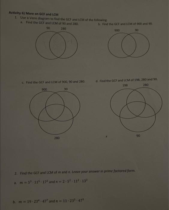 Solved Activity 6) More on GCF and LCM 1. Use a Venn diagram | Chegg.com