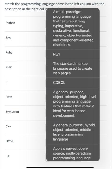 Solved Match the programming language name in the left | Chegg.com