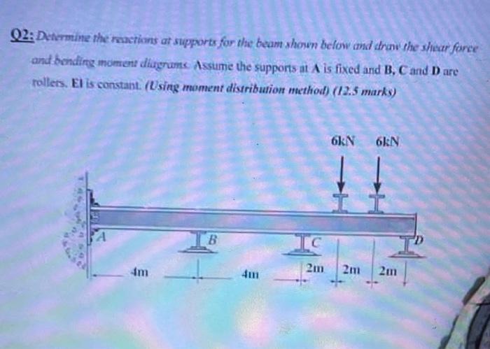 Q2. Dwwrmine the mactions at supports for the beam shown below and trav she shicar farce and bendirge moment diugrume Assume