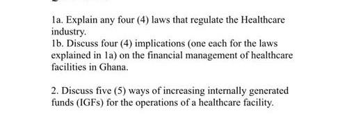 la. Explain any four (4) laws that regulate the Healthcare industry. 1b. Discuss four (4) implications (one each for the laws