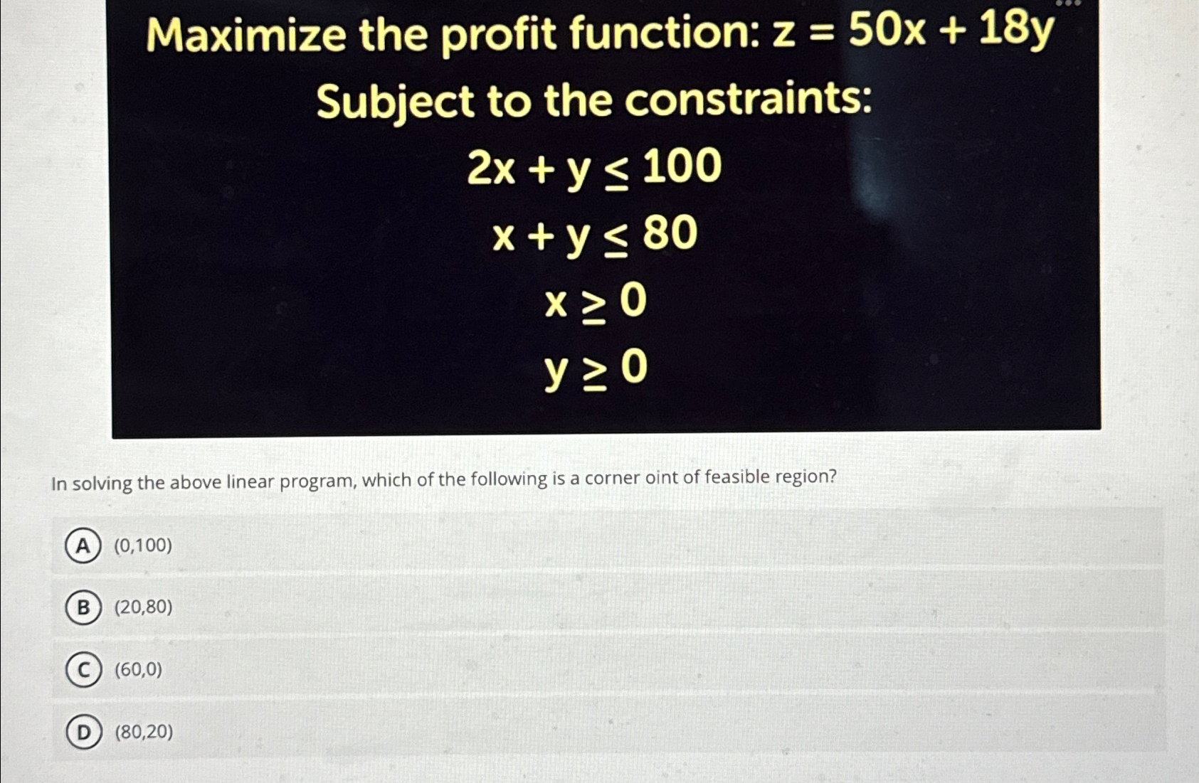 Solved Maximize the profit function: z=50x+18y ﻿Subject to | Chegg.com