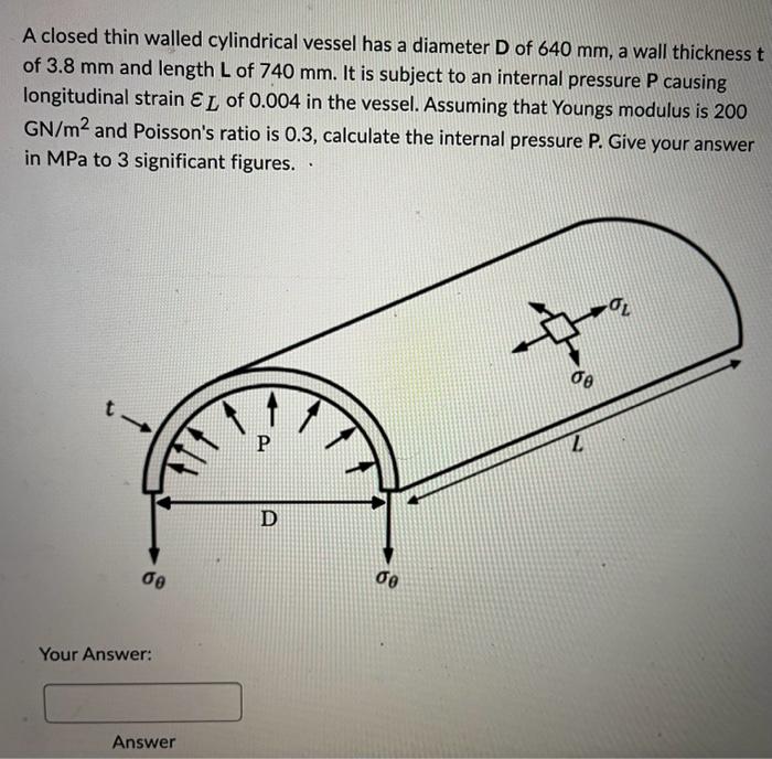 Solved A closed thin walled cylindrical vessel has a | Chegg.com