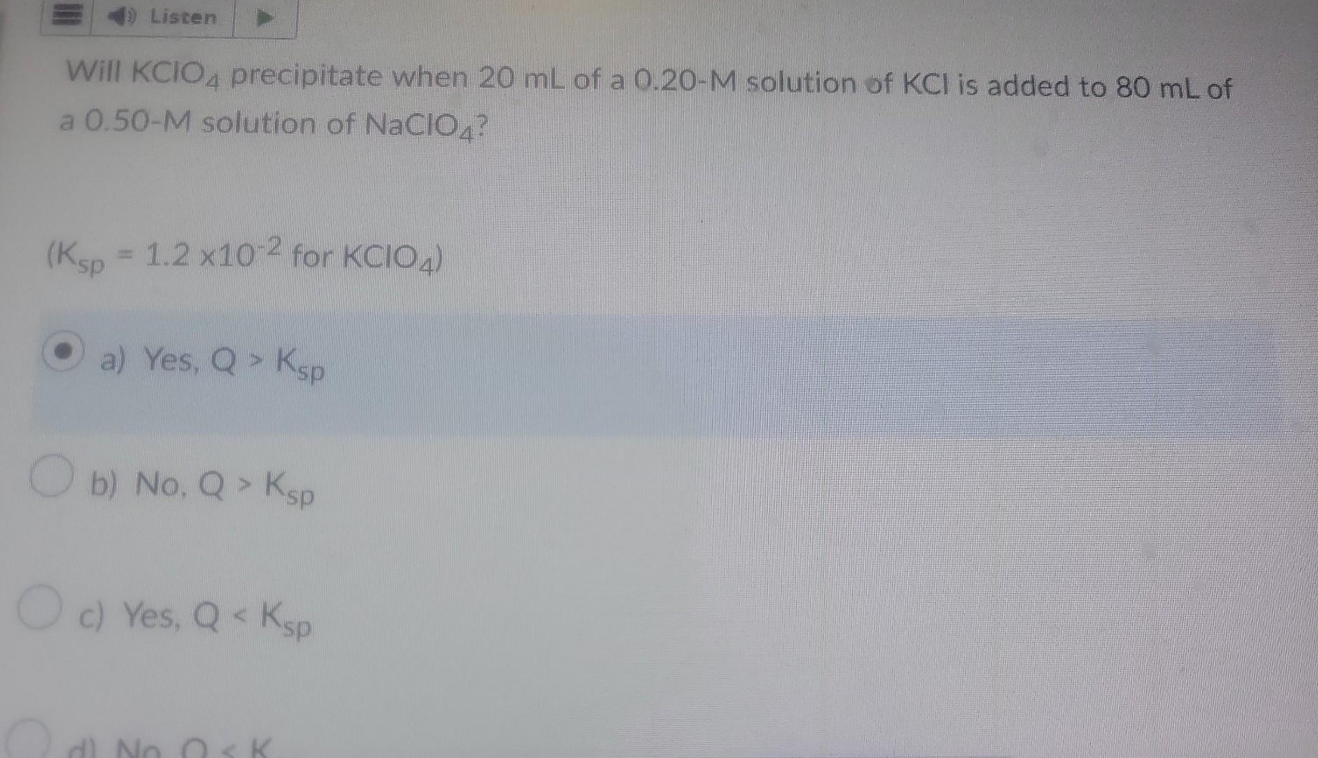 Solved Will KClO4 precipitate when 20 mL of a 0.20−M | Chegg.com