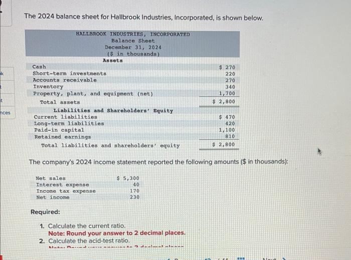 Solved The 2024 Balance Sheet For Hallbrook Industries Chegg Com   Image