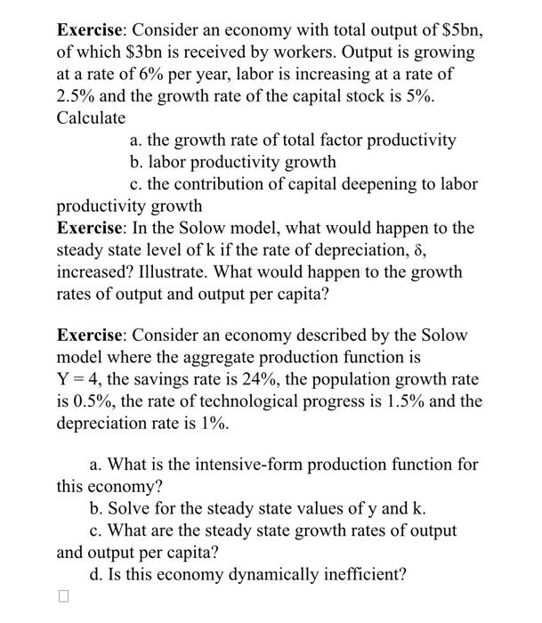 Exercise: Consider an economy with total output of | Chegg.com