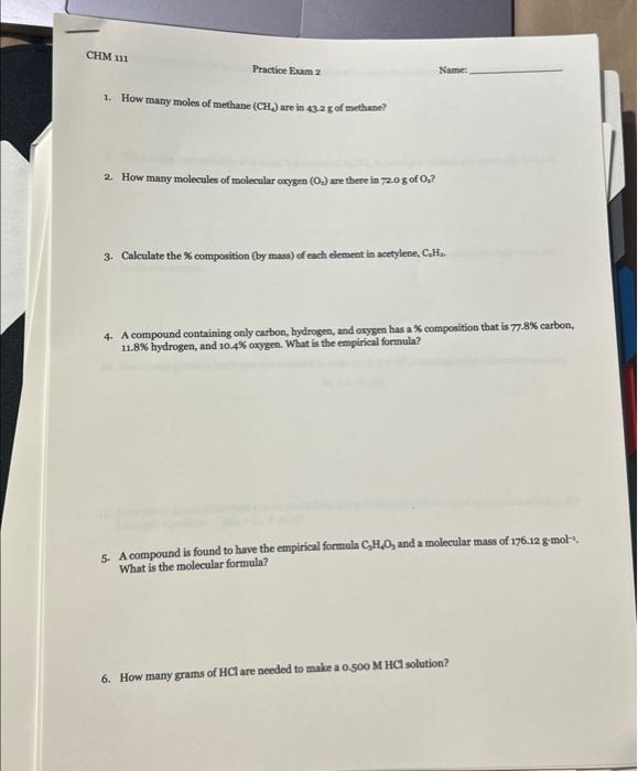 Solved CHM 111 Practice Bxam 2 Name: 1. How many moles of | Chegg.com