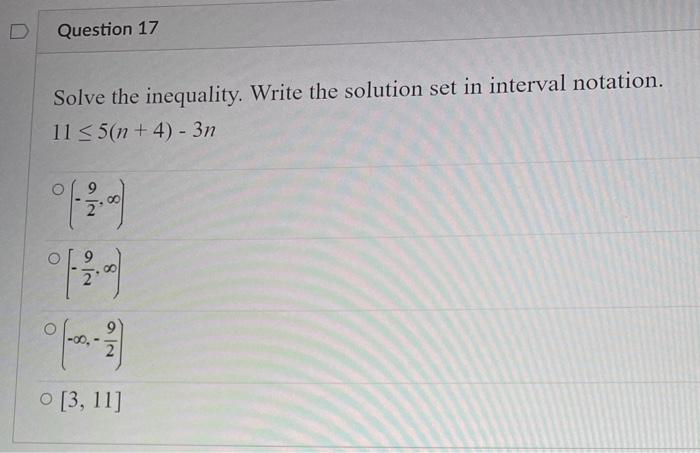 Solved Solve the inequality. Write the solution set in | Chegg.com