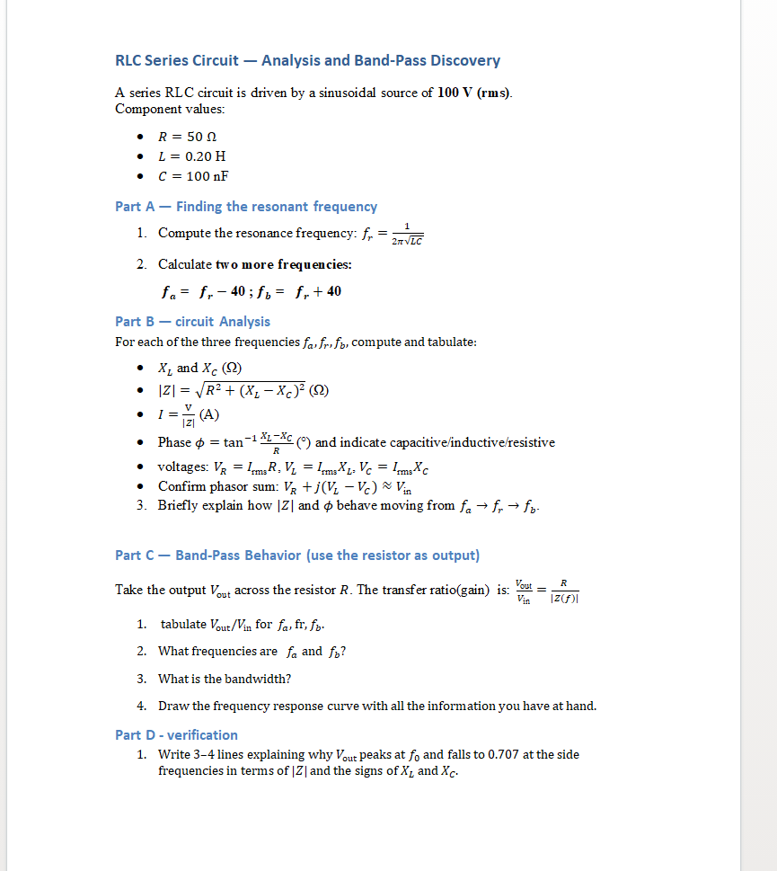 Solved RLC ﻿Series Circuit - ﻿Analysis and Band-Pass | Chegg.com