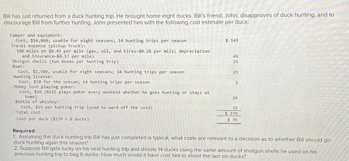 Solved Bil has just retumed from a duck hunting trip. He | Chegg.com