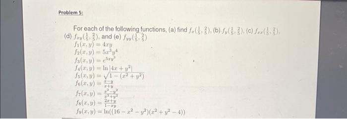 For each of the following functions, (a) find \( f_{x}\left(\frac{1}{5}, \frac{2}{5}\right) \), (b) \( f_{y}\left(\frac{1}{5}