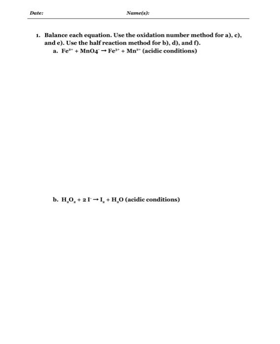 Solved 1. Balance each equation. Use the oxidation number | Chegg.com