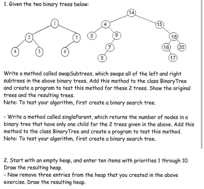 Solved 1. Given the two binary trees below: (14) 4. (15 3 3 | Chegg.com