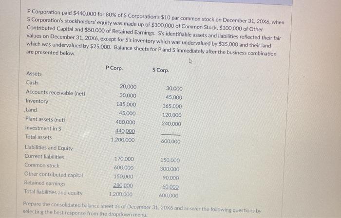 Solved P Corp. P Corporation paid $440,000 for 80% of S | Chegg.com
