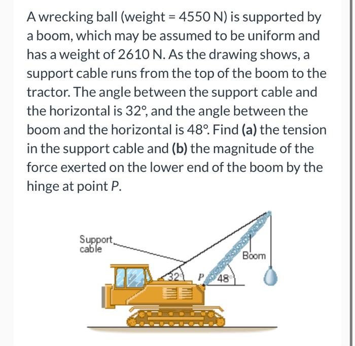 Solved A wrecking ball (weight =4550 N ) is supported by a | Chegg.com