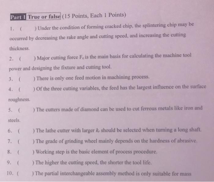 Solved Part 1 True or false (15 Points, Each 1 Points) ) | Chegg.com