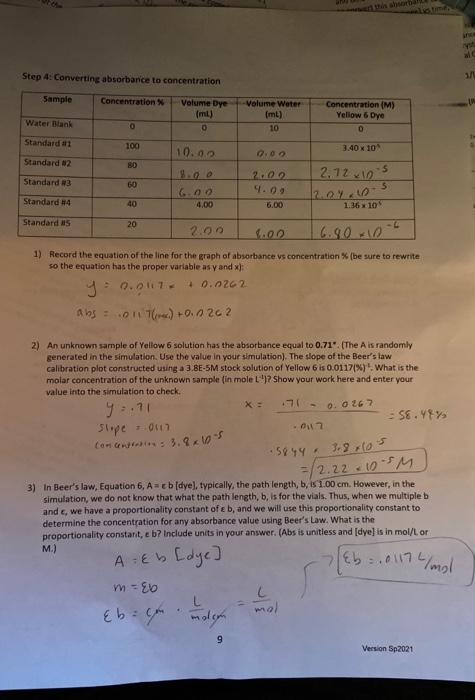 Step 4: Converting absorbance to concentration 1 | Chegg.com