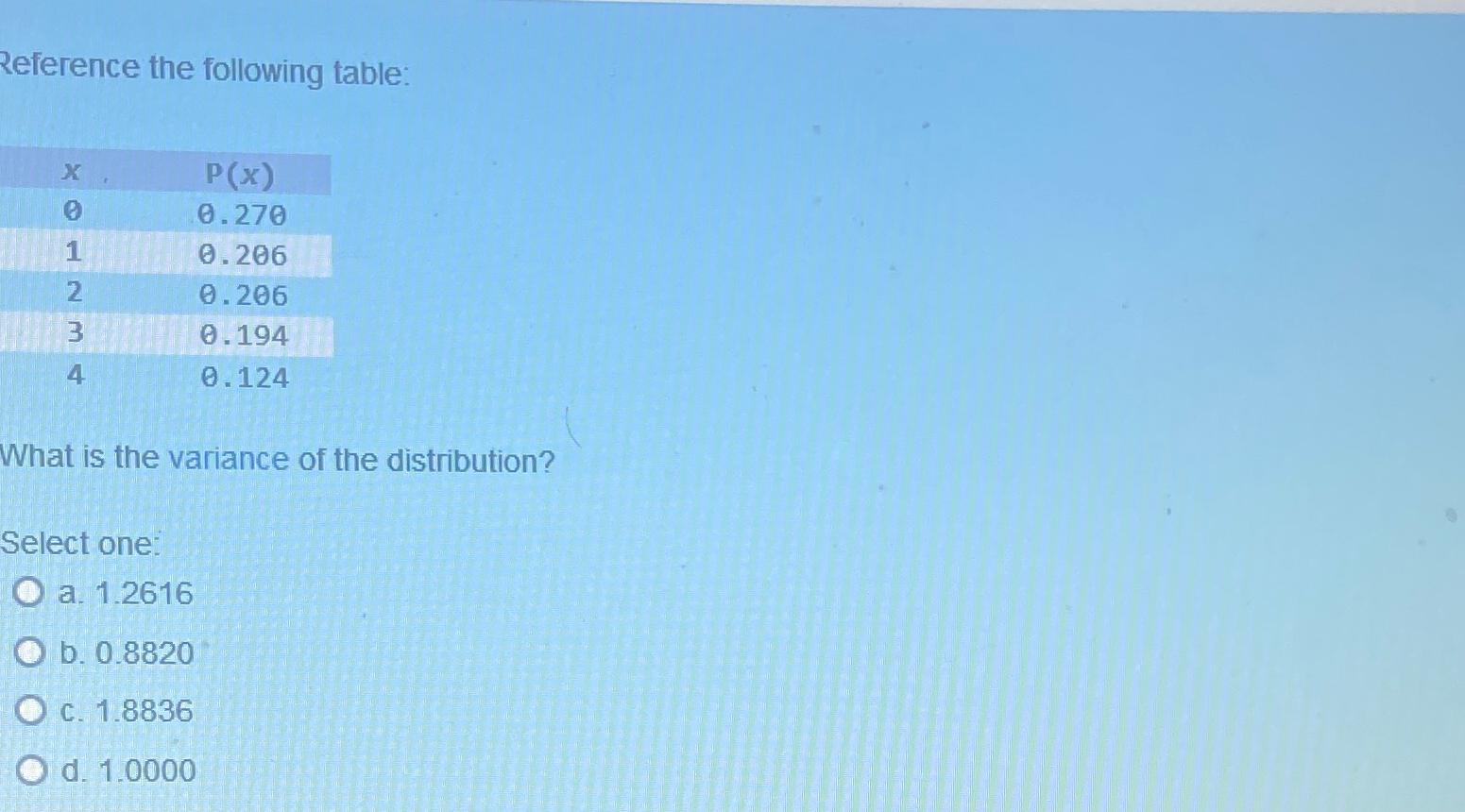 Solved Reference the following table:\table[[x,P(x) | Chegg.com