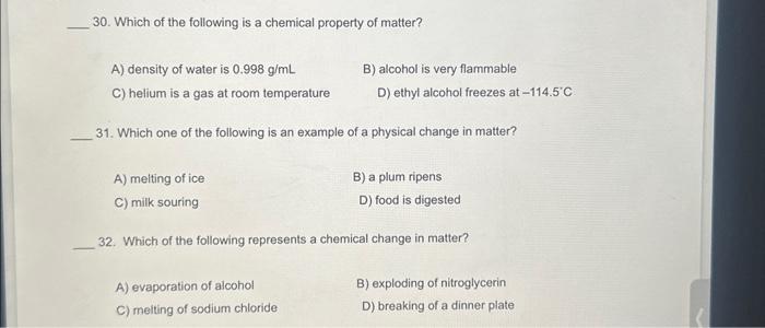 Solved 30. Which of the following is a chemical property of | Chegg.com
