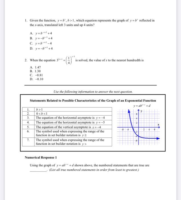 Solved 1. Given the function, y=b',b>1, which equation | Chegg.com