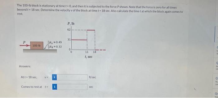 Solved The 100 1b block is stationary at time t 0 and then