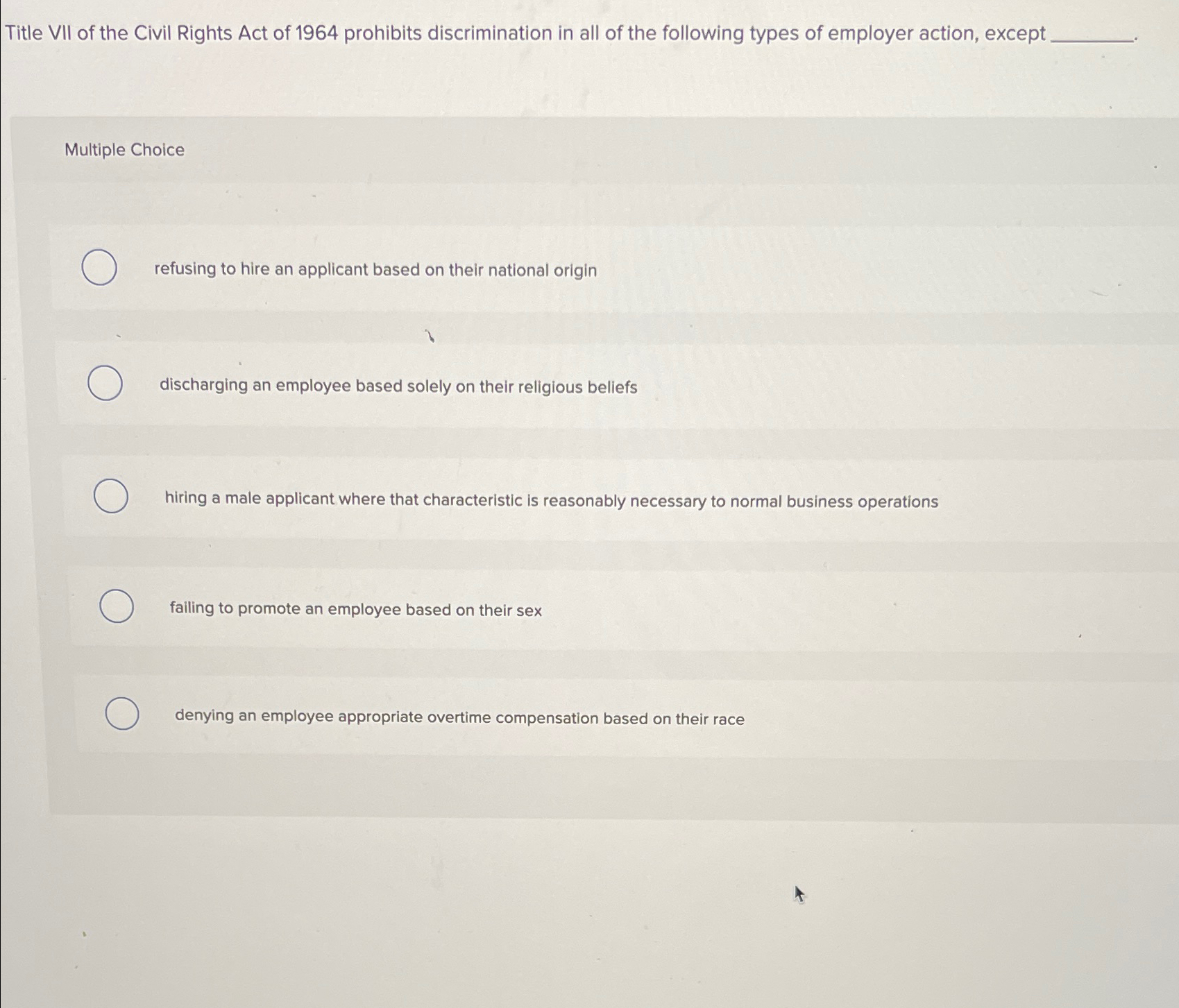 Solved Title VII of the Civil Rights Act of 1964 ﻿prohibits | Chegg.com