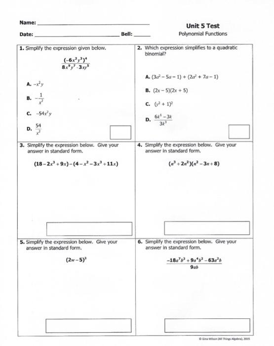 Solved Name Date Bell Unit 5 Test Polynomial Functions Chegg Com