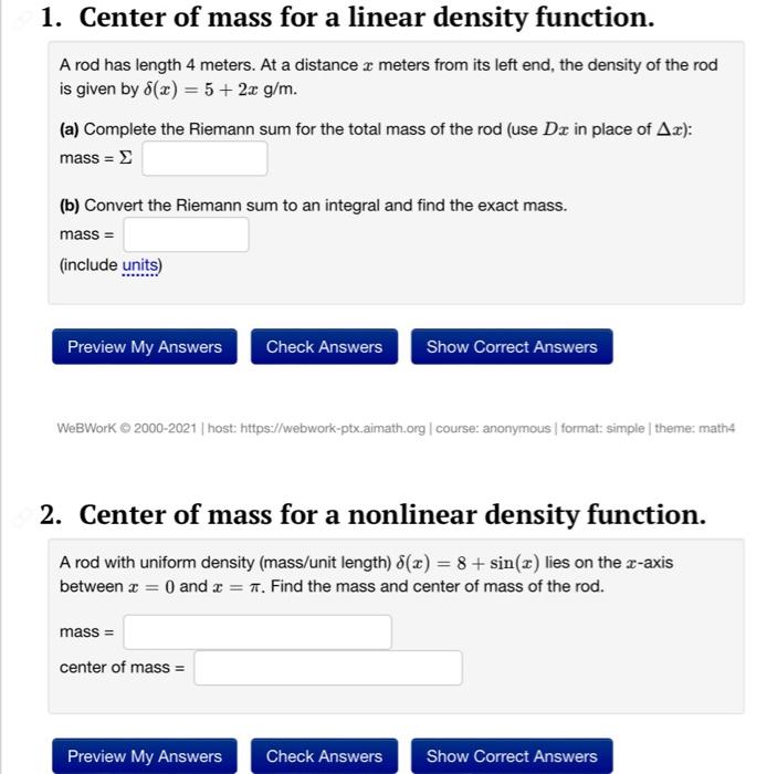 Solved 1. Center of mass for a linear density function. A | Chegg.com