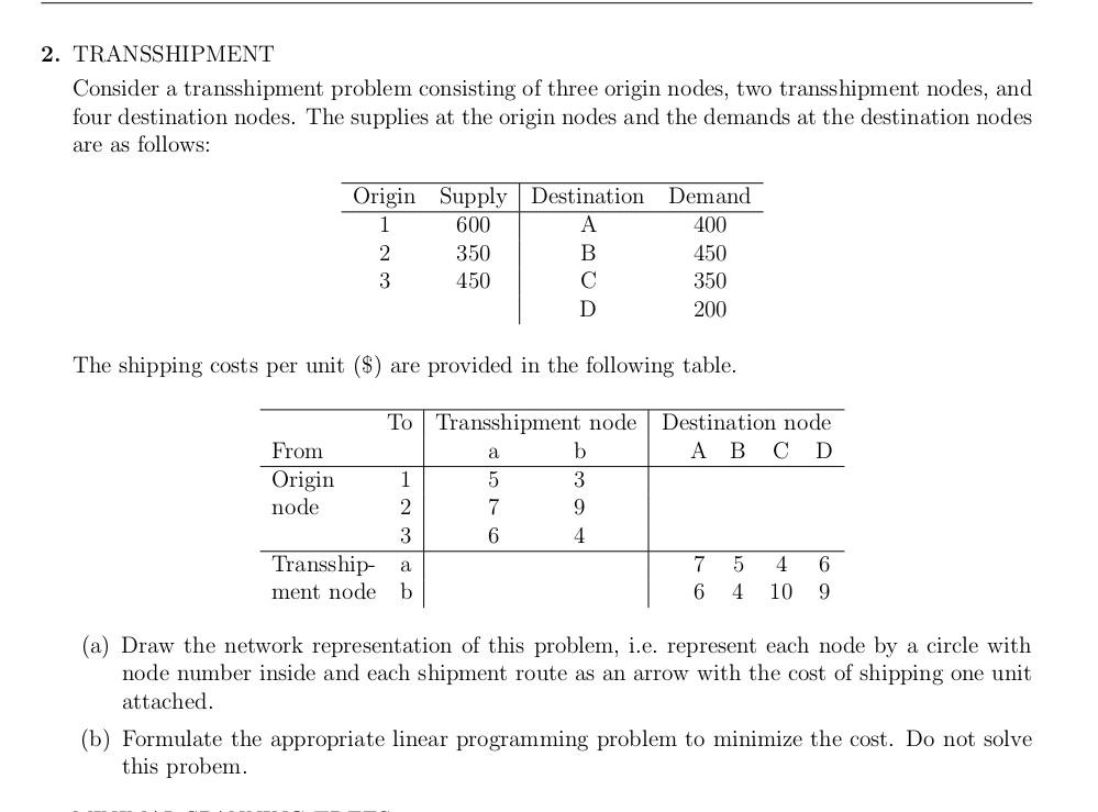 Solved TRANSSHIPMENT Consider A Transshipment Problem | Chegg.com