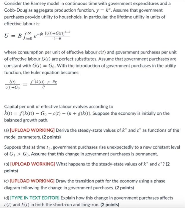 Consider the Ramsey model in continuous time with | Chegg.com