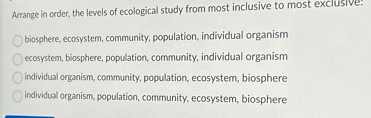 Solved Arrange In Order, The Levels Of Ecological Study From | Chegg.com