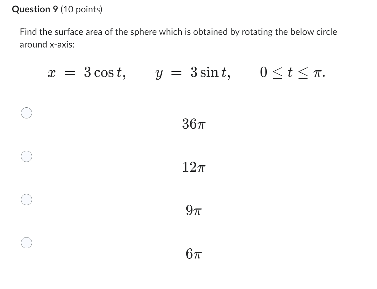 Solved Question 9 (10 ﻿points)Find the surface area of the | Chegg.com