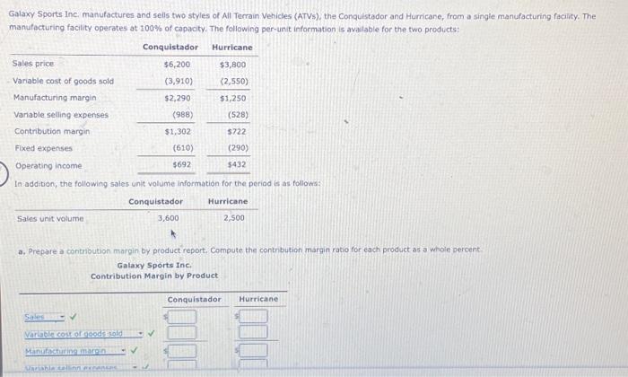 Solved Galaxy Sports Inc Manufactures And Sells Two Styles