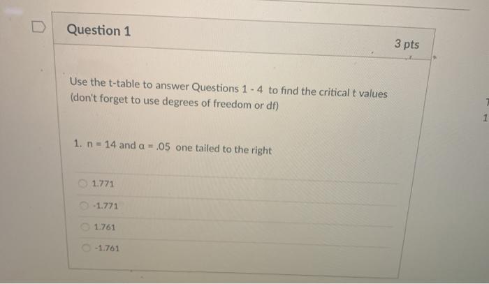 Solved Question 1 3 pts Use the t-table to answer Questions | Chegg.com