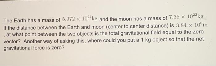 Solved The Earth has a mass of 5.972 x 1024kg and the moon | Chegg.com