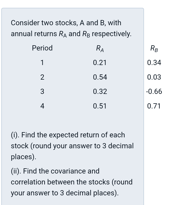 Solved Consider Two Stocks, A And B, With Annual Returns RA | Chegg.com