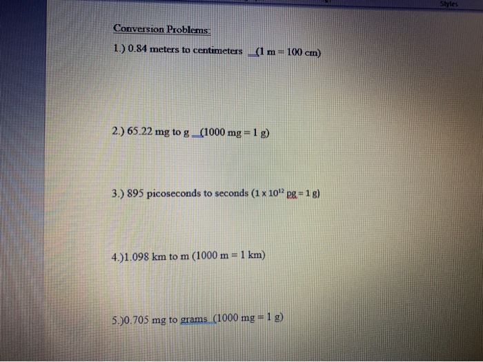 Solved Styles Conversion Problems 1 0 84 Meters To Chegg Com