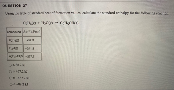 Solved QUESTION 27 Using the table of standard heat of Chegg