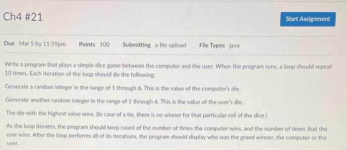 Solved Write a program that plays a simple dice game between | Chegg.com