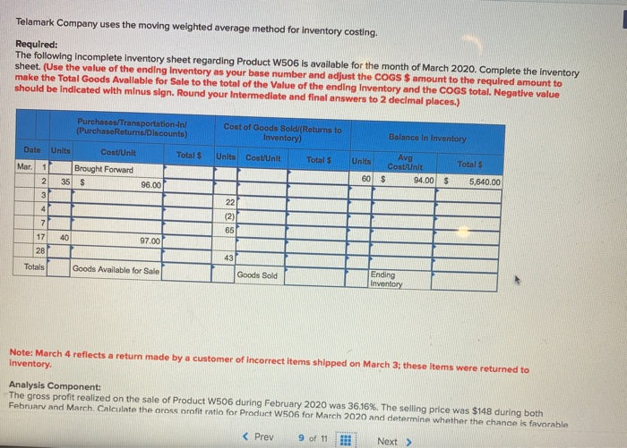 Solved telamark company uses the moving weighted average chegg