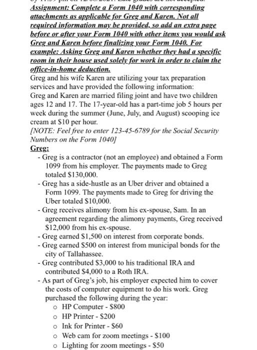 Assignment: Complete a Form 1040 with corresponding | Chegg.com